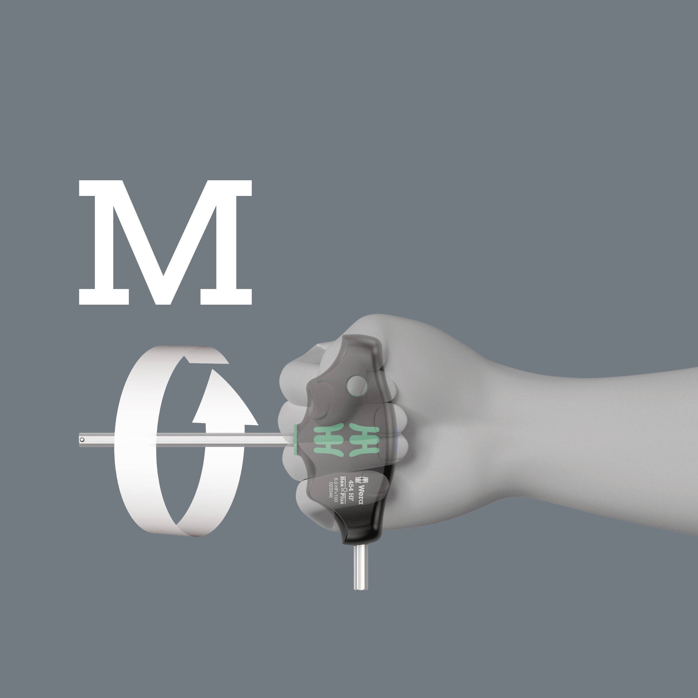 A hand holds a torque wrench displaying 'M' and a rotating arrow, symbolising the application of torque.