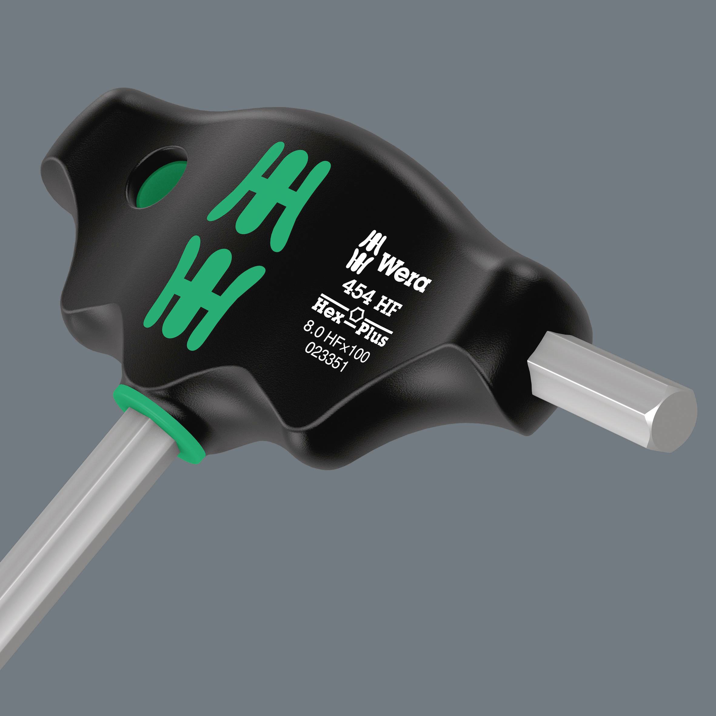 Black T-handle hex key screwdriver with green symbols, Wera brand. Model number 454 HF Hex-Plus, size 8.0 x 100, code 023457.