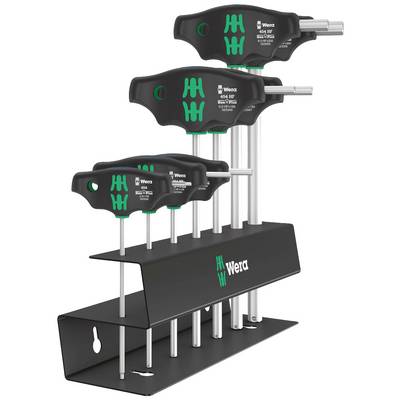 A set of Wera T-handle keys in various sizes, displayed on a black metal stand for organised storage.