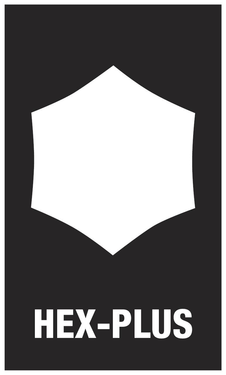 Black and white graphic with a hexagonal shield in the centre. Underneath, 'HEX-PLUS' is written in large letters.