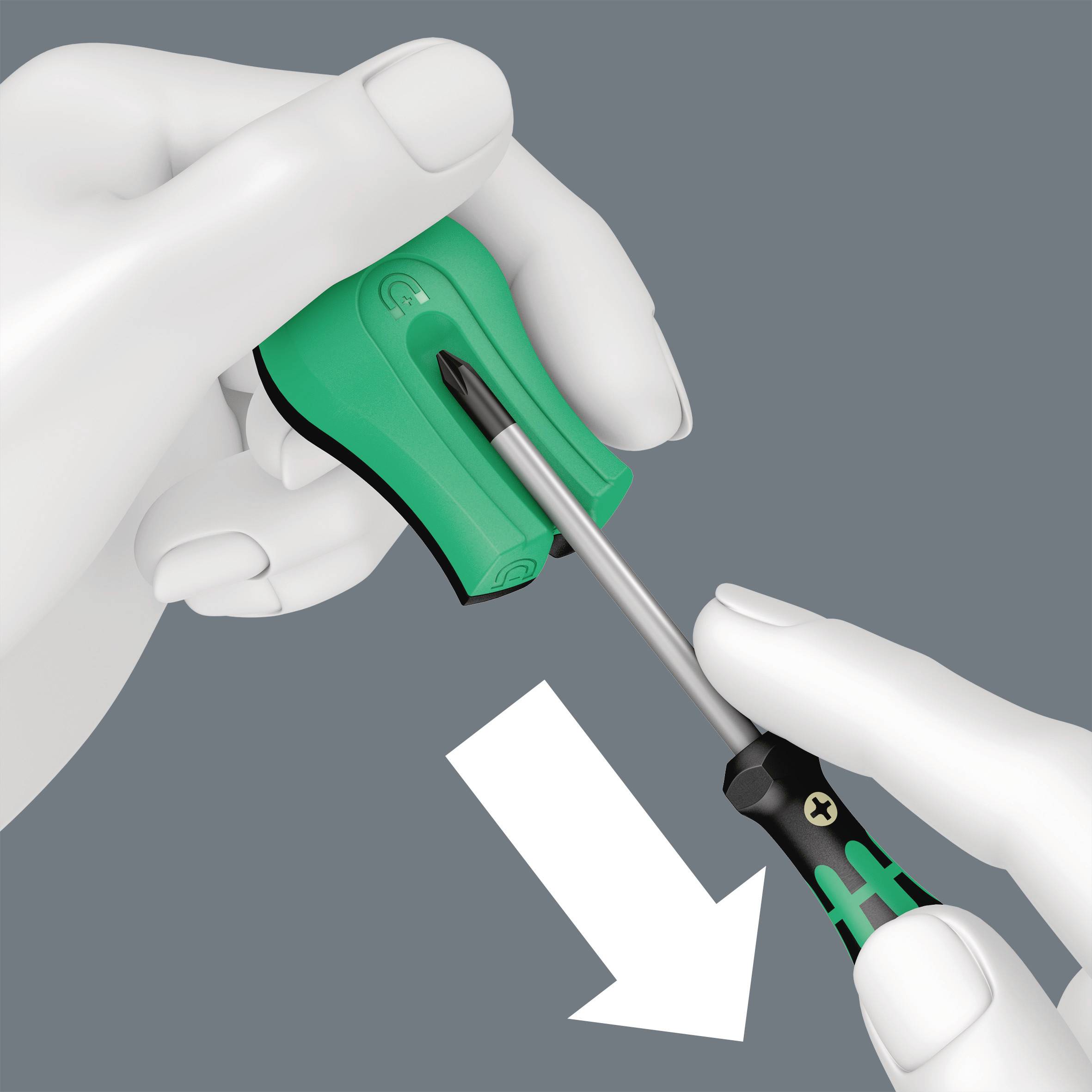 'Two hands are inserting a screwdriver into a green screwdriver handle with arrows indicating the direction.'