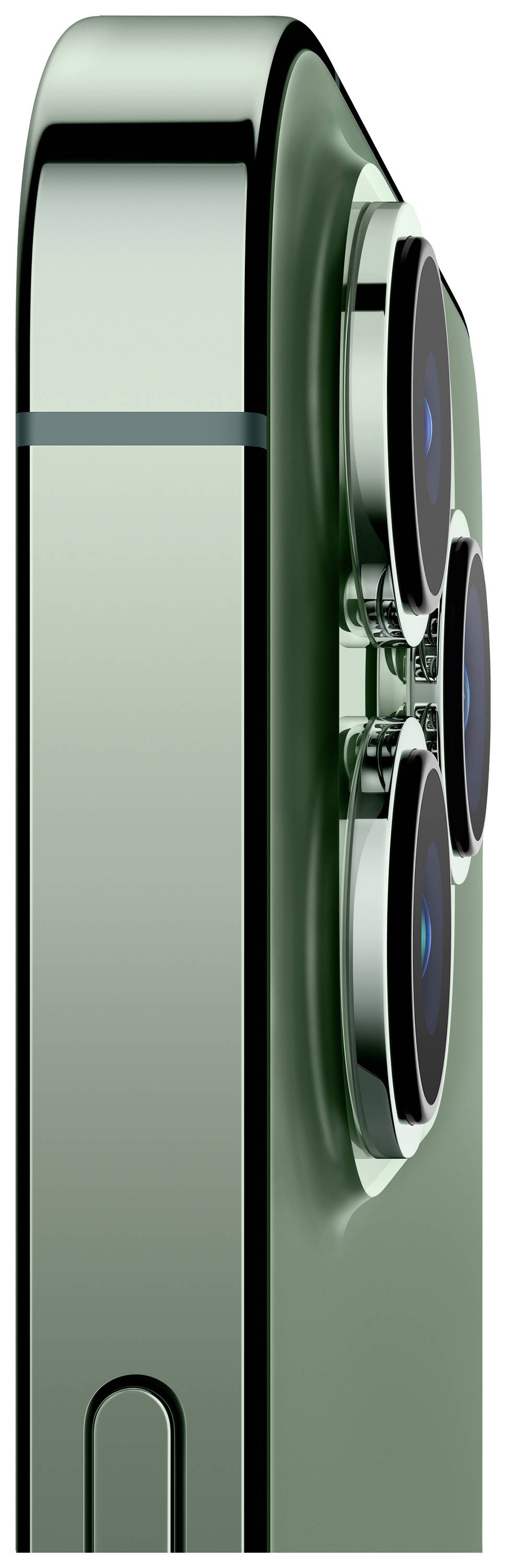 A green smartphone in profile view, with a focus on the protruding four camera lenses on the back.