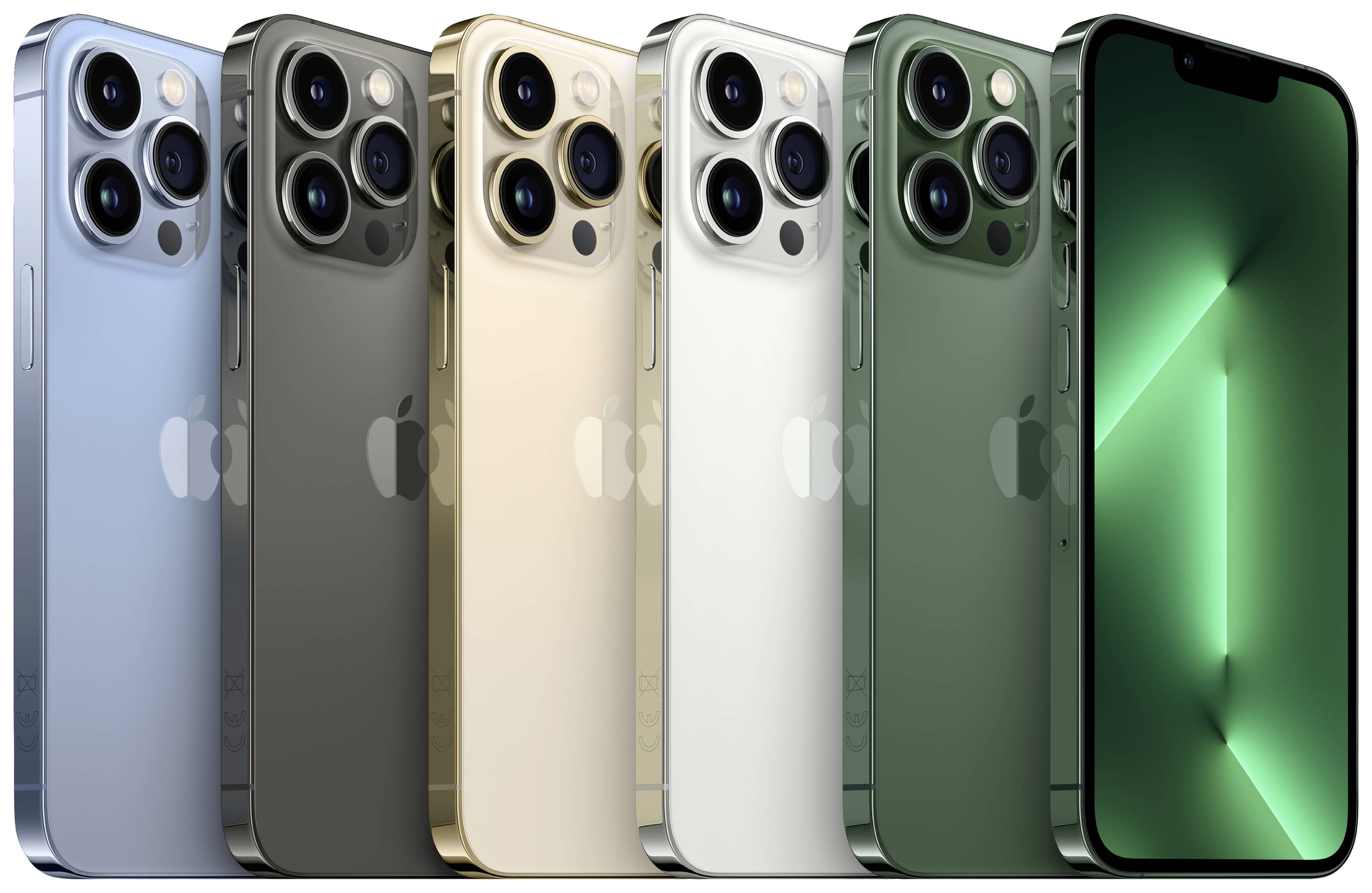 Six iPhones in different colours, side by side, showing both the front and back. Clearly visible are three camera lenses on each device.