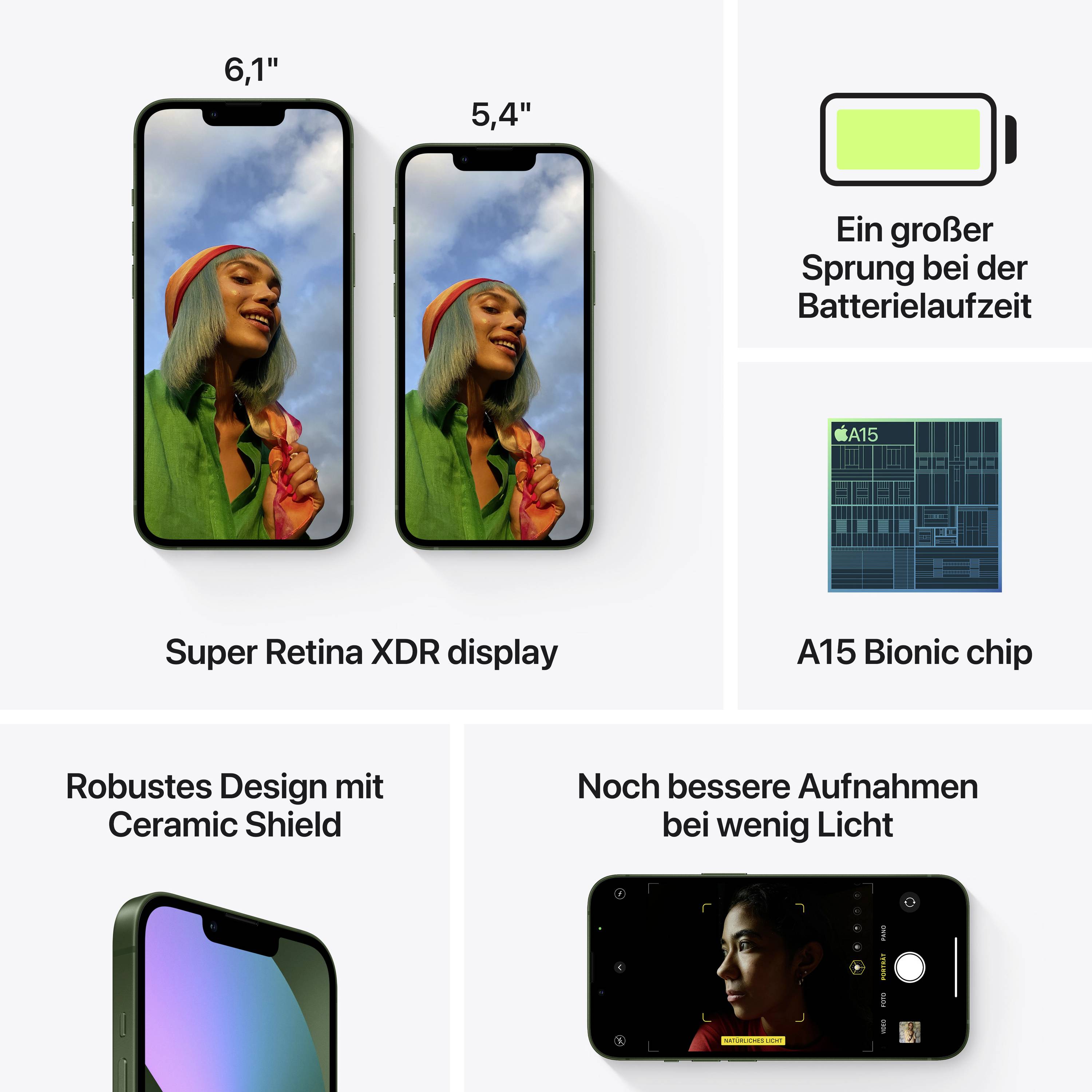 Two smartphones, 6.1" and 5.4", with 'Super Retina XDR Display'. Text: 'A massive leap in battery life' and 'A15 Bionic Chip'.