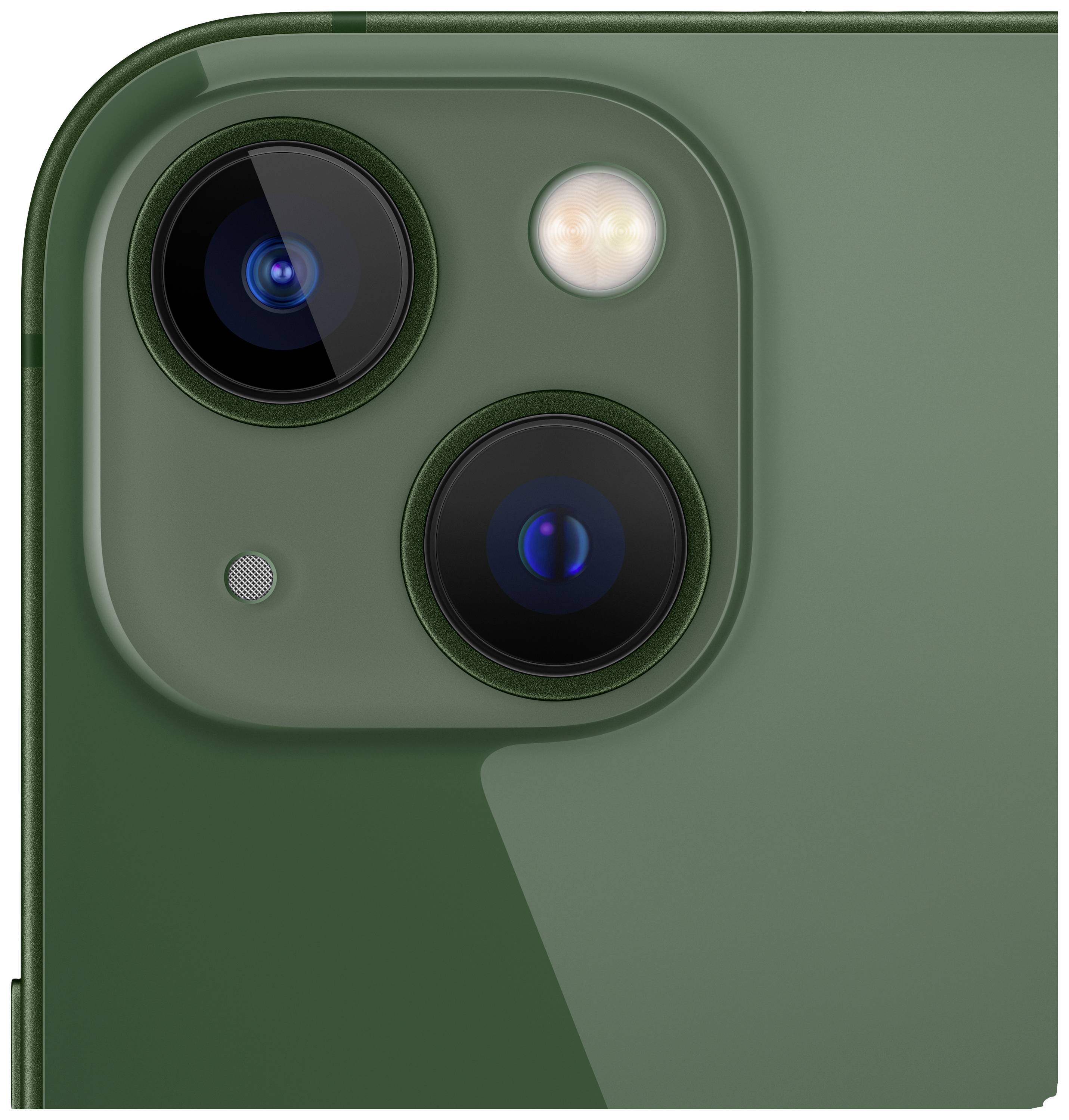 Camera of a green smartphone with two lenses and flash on the back.