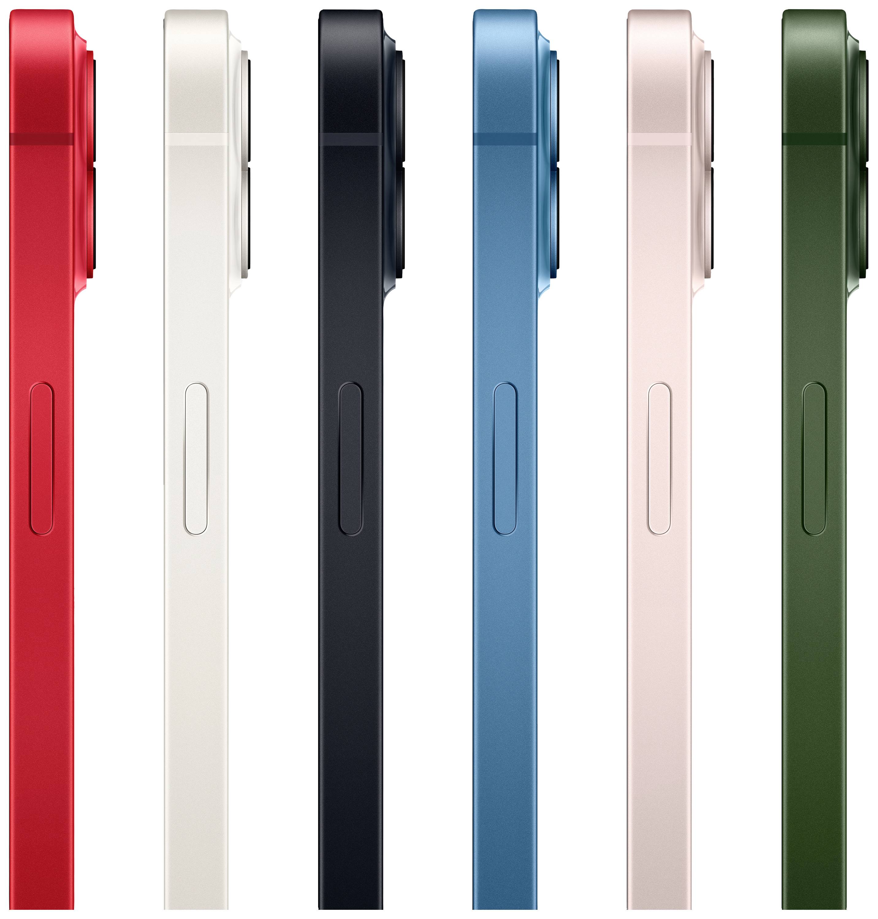 Five smartphones displayed side by side in lateral view, in the colours Red, White, Black, Blue and Green.