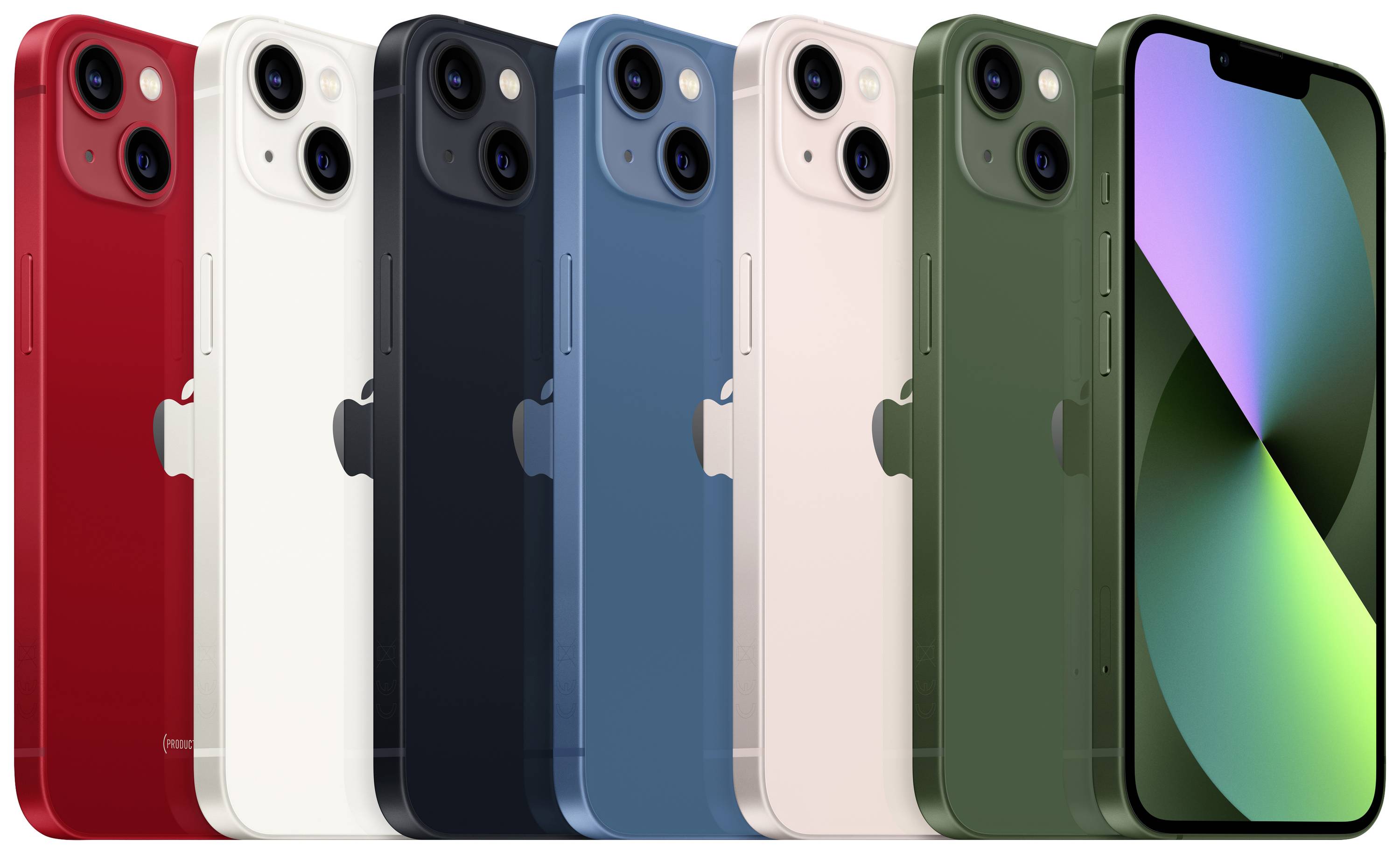 The image shows six iPhones standing side by side in different colours, with another iPhone with its screen visible in the foreground.