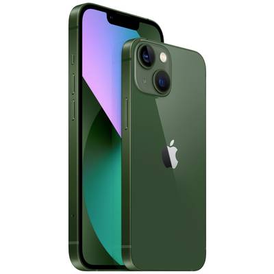 A green smartphone with two camera lenses and an apple logo on the back. Front and rear views are shown.