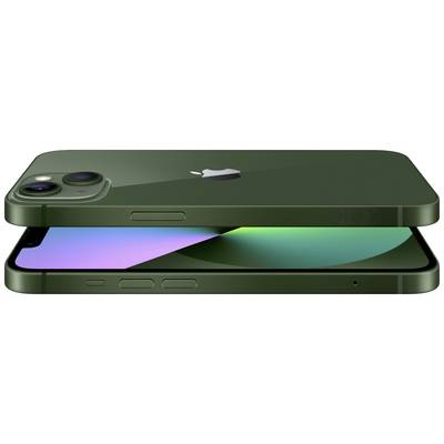A green smartphone model is resting on a table, displaying both its front and back sides with dual cameras and a screen.
