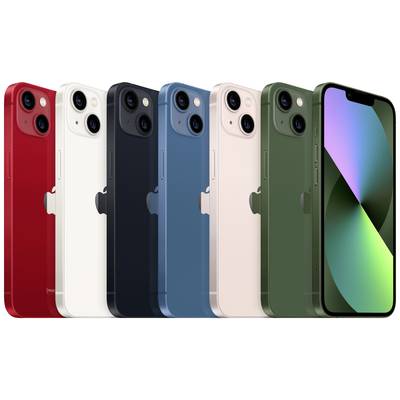 Several iPhones in different colours (Red, White, Black, Blue, Pink, Green) are shown lined up side by side facing forward.