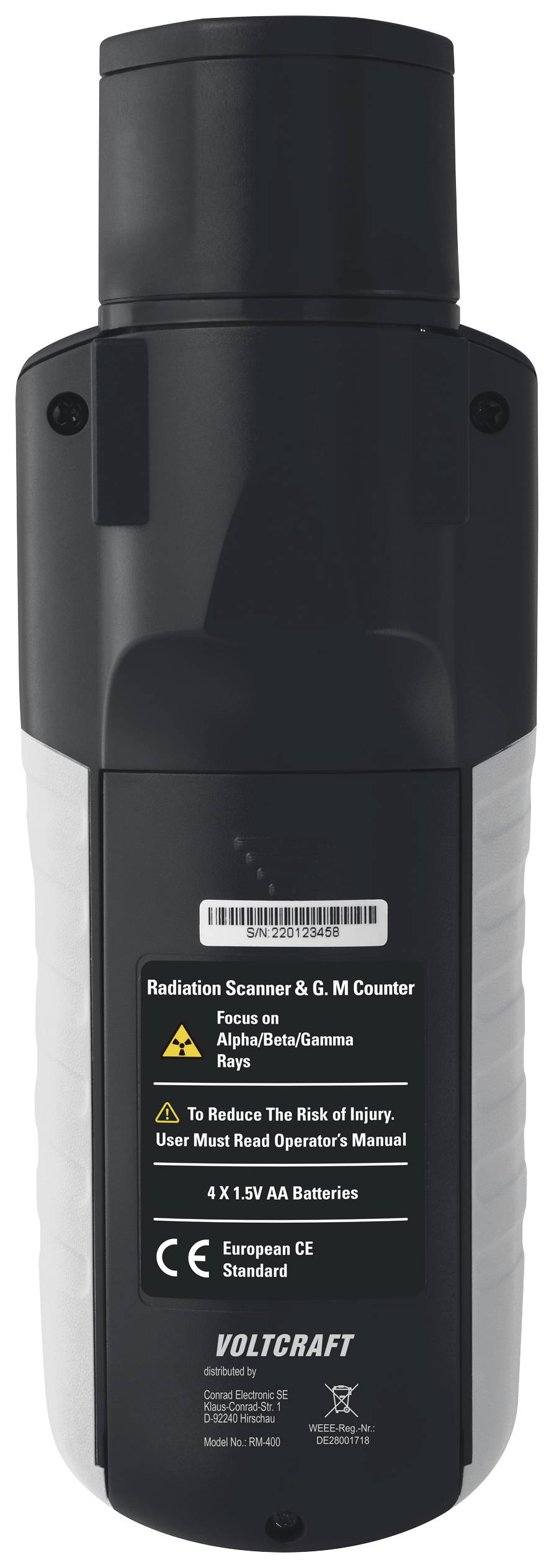 'Rear side of a Voltcraft radiation detector with warning notices and CE marking.'