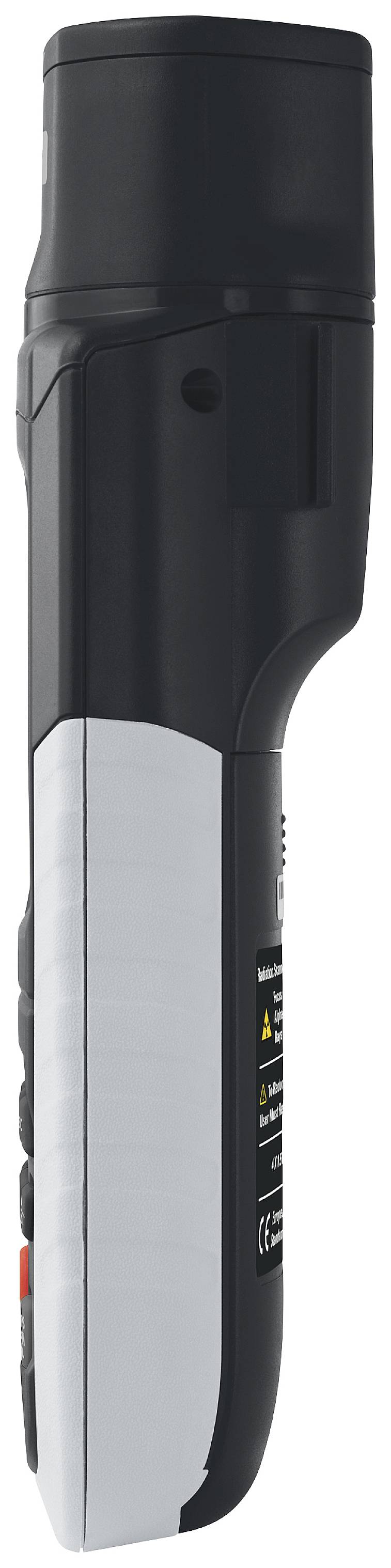 Side view of a black electric device with a grey handle and indicator lights, potentially a technical tool.