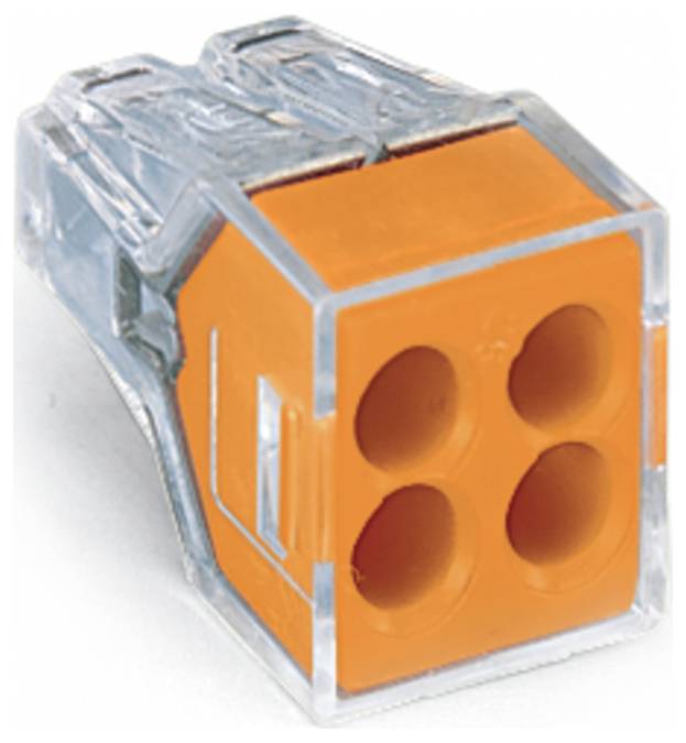 A four-pole, transparent and orange cable connector for electrical applications.