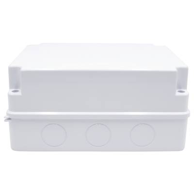 White, rectangular plastic box with a smooth top surface and circular markings on the front. It appears sturdy and capable of being securely fastened.