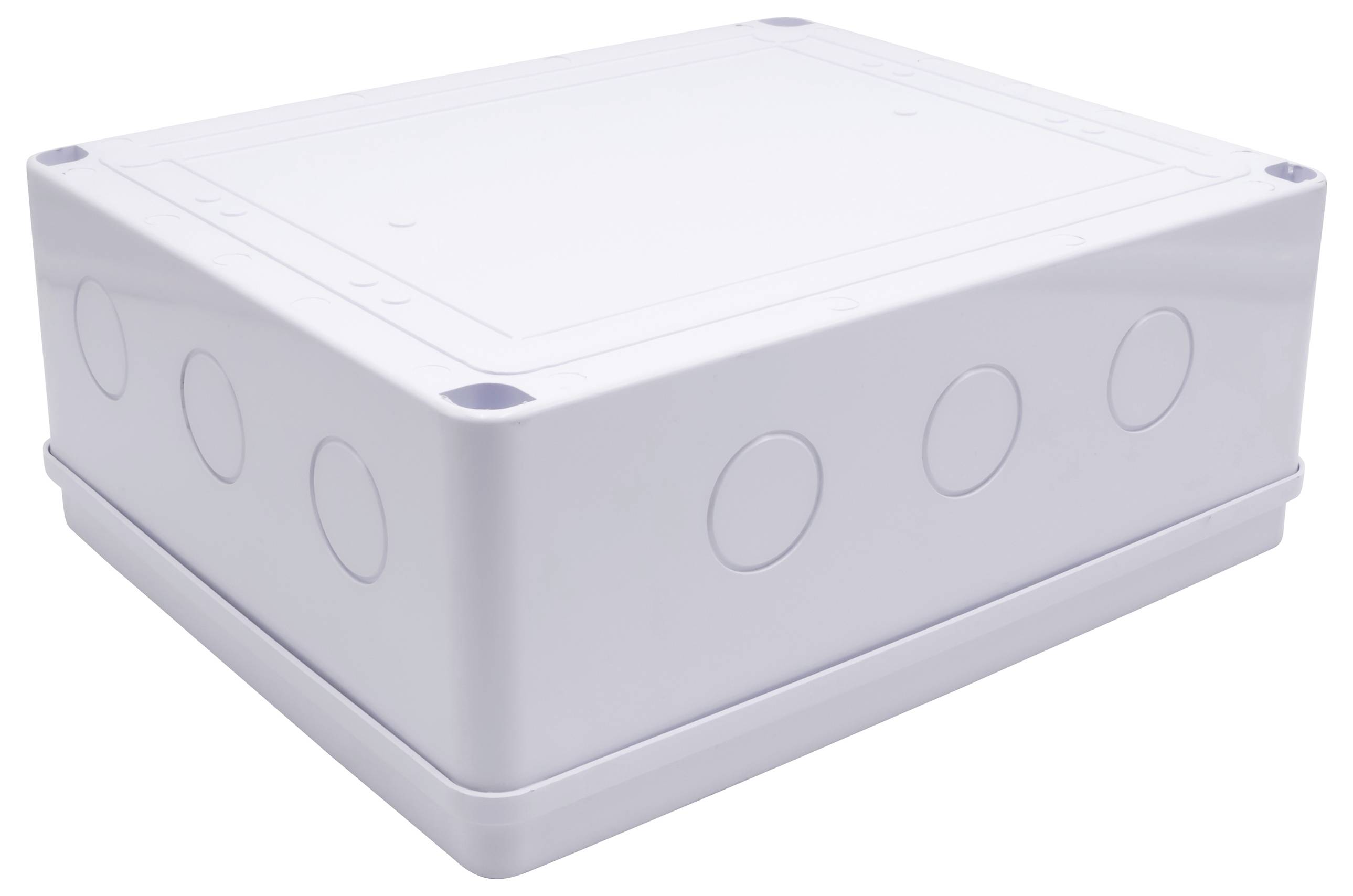 White, rectangular plastic junction box with round openings on the side.