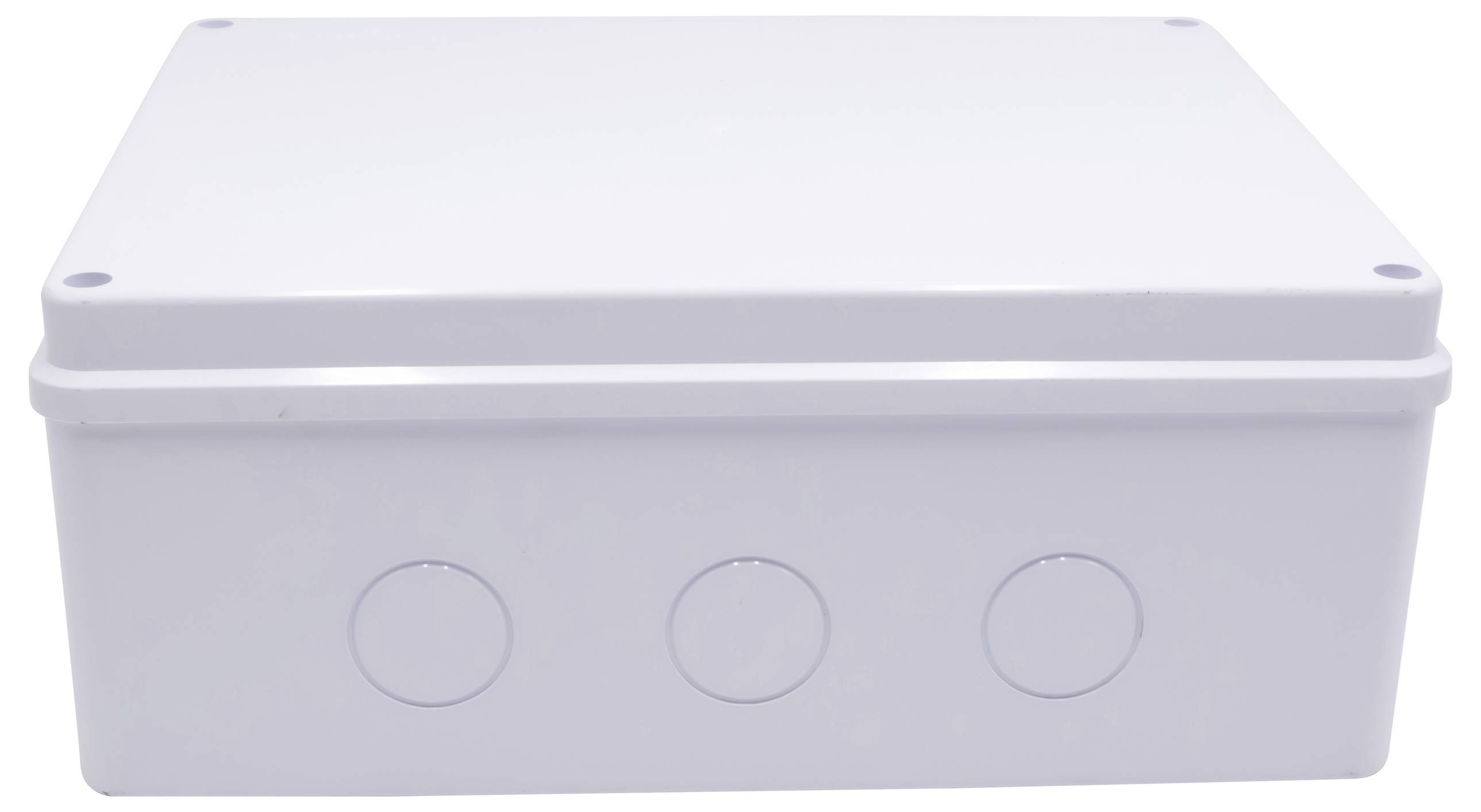 A rectangular white plastic box with round markings on the front, likely for electrical wiring.