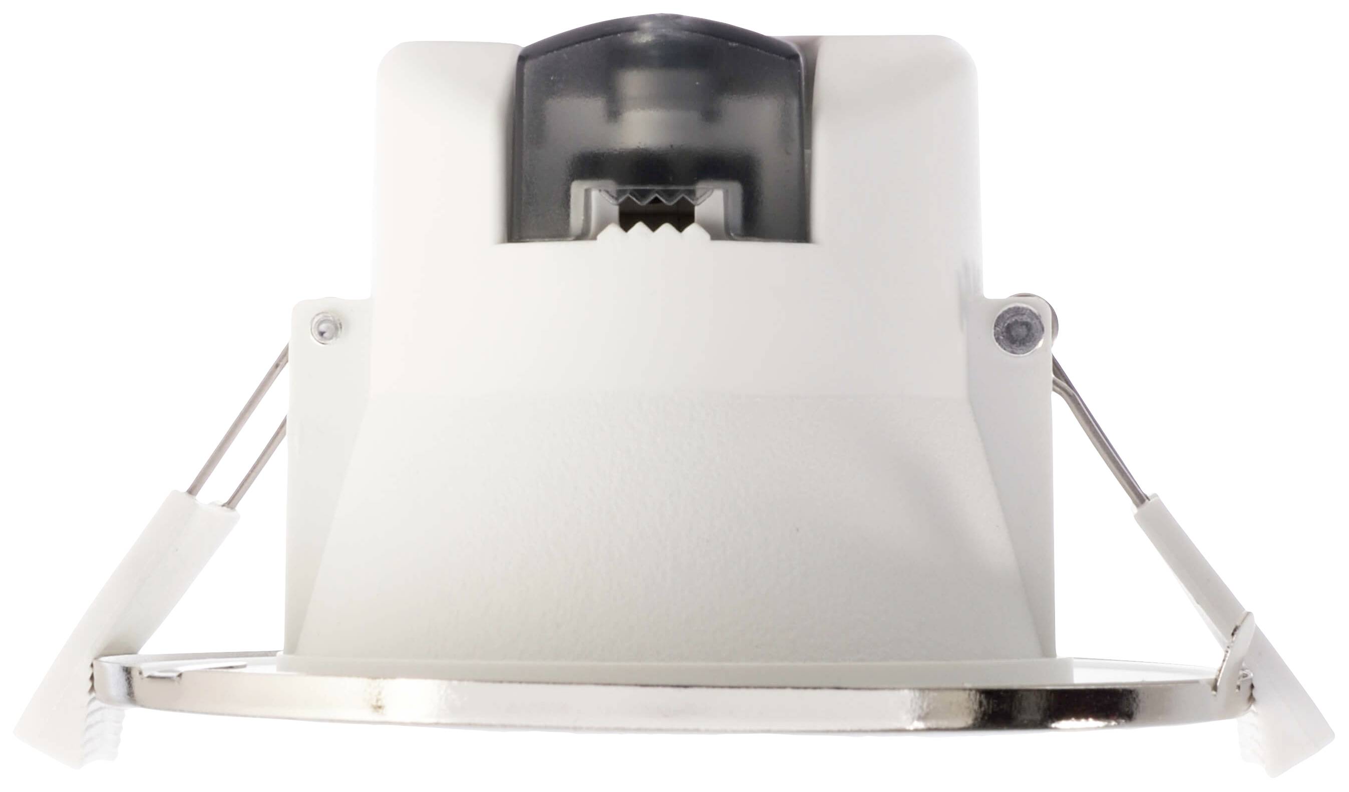 Recessed light fitting made of white plastic with a metal frame, featuring two side-mounting clips.