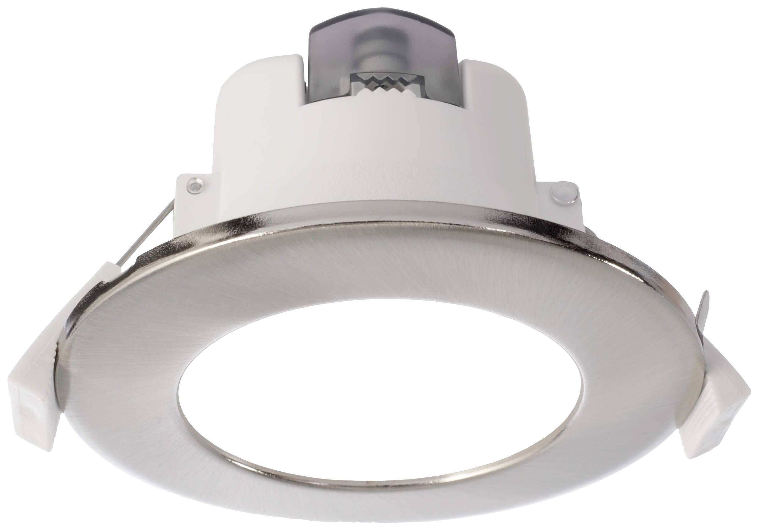 A round recessed spotlight with a silver frame and white inner ring. It is ready for installation in a ceiling or wall.