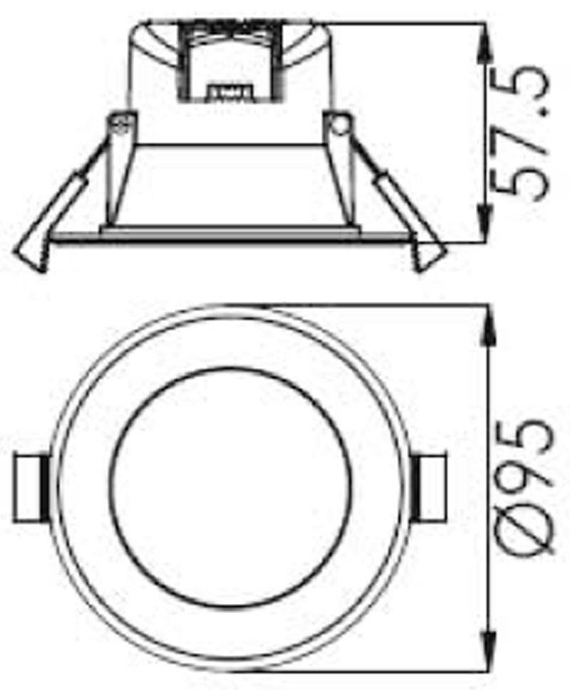 'Technical drawing of a recessed ceiling spotlight with two views. Height dimension 57.5 mm, diameter 95 mm.'
