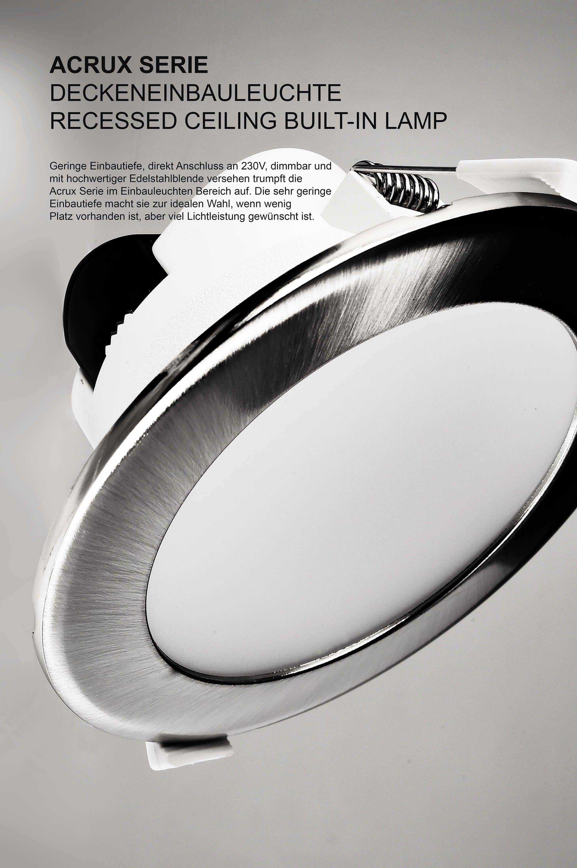 Description of a recessed ceiling spotlight from the Acrux series in stainless steel, suitable for small rooms, characterised as dimmable and efficient.
