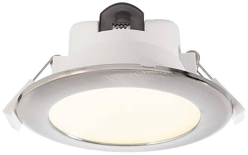 A round, white LED ceiling recessed spotlight with a silver bezel. Suitable for modern interiors and energy-efficient lighting.