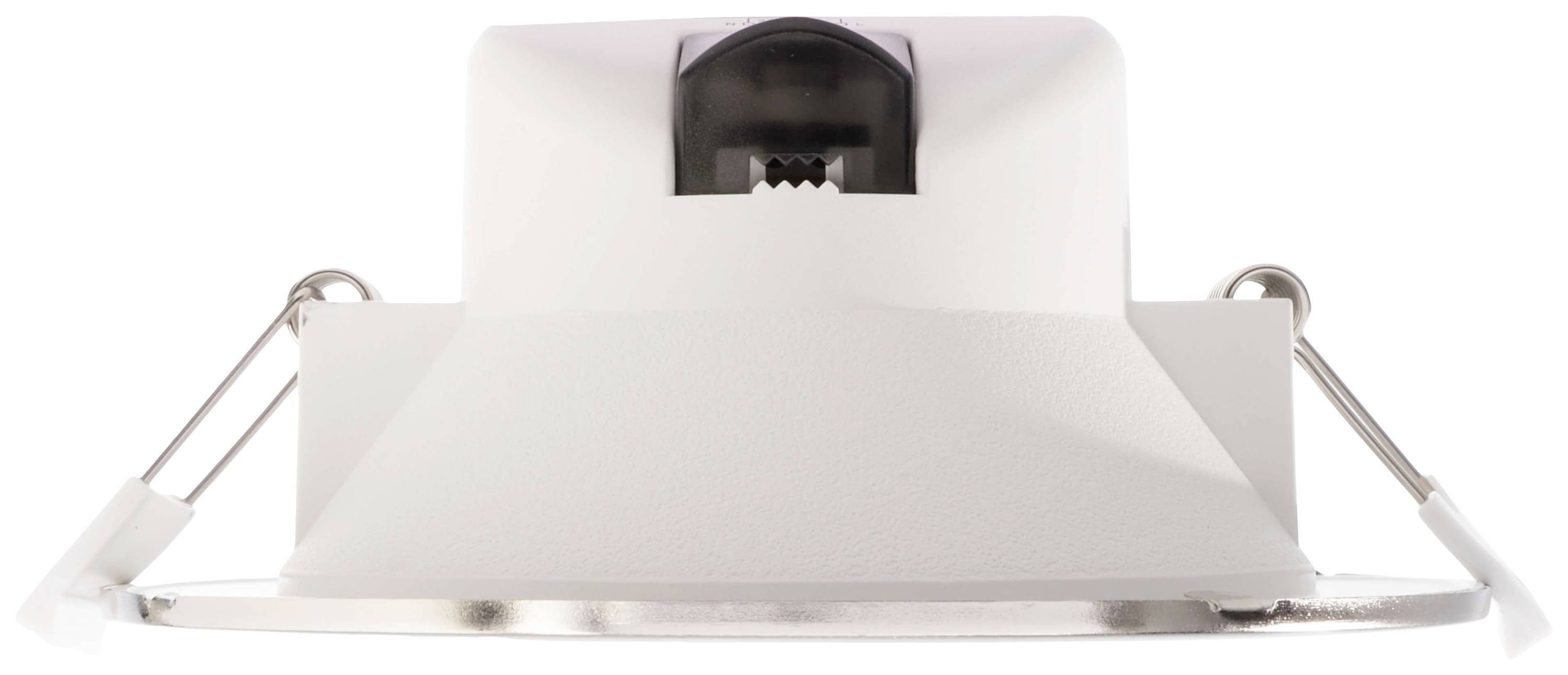 White recessed light fitting with a round frame and metal brackets for ceiling mounting, viewed from below.