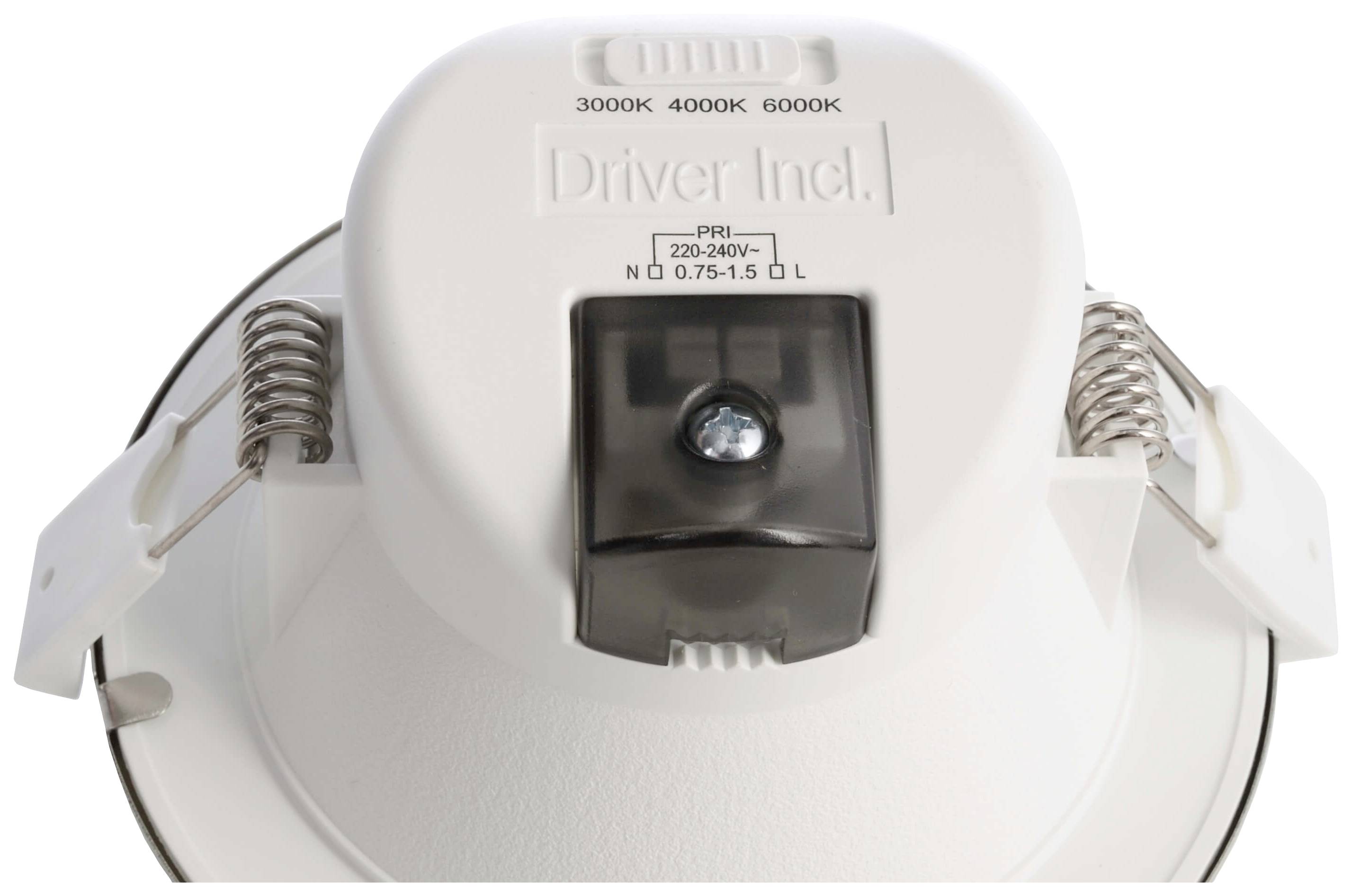 A white LED spotlight driver with colour temperature selection (3000K, 4000K, 6000K). Suitable for 220-240V, Model Number N0.75-1.5 0L.