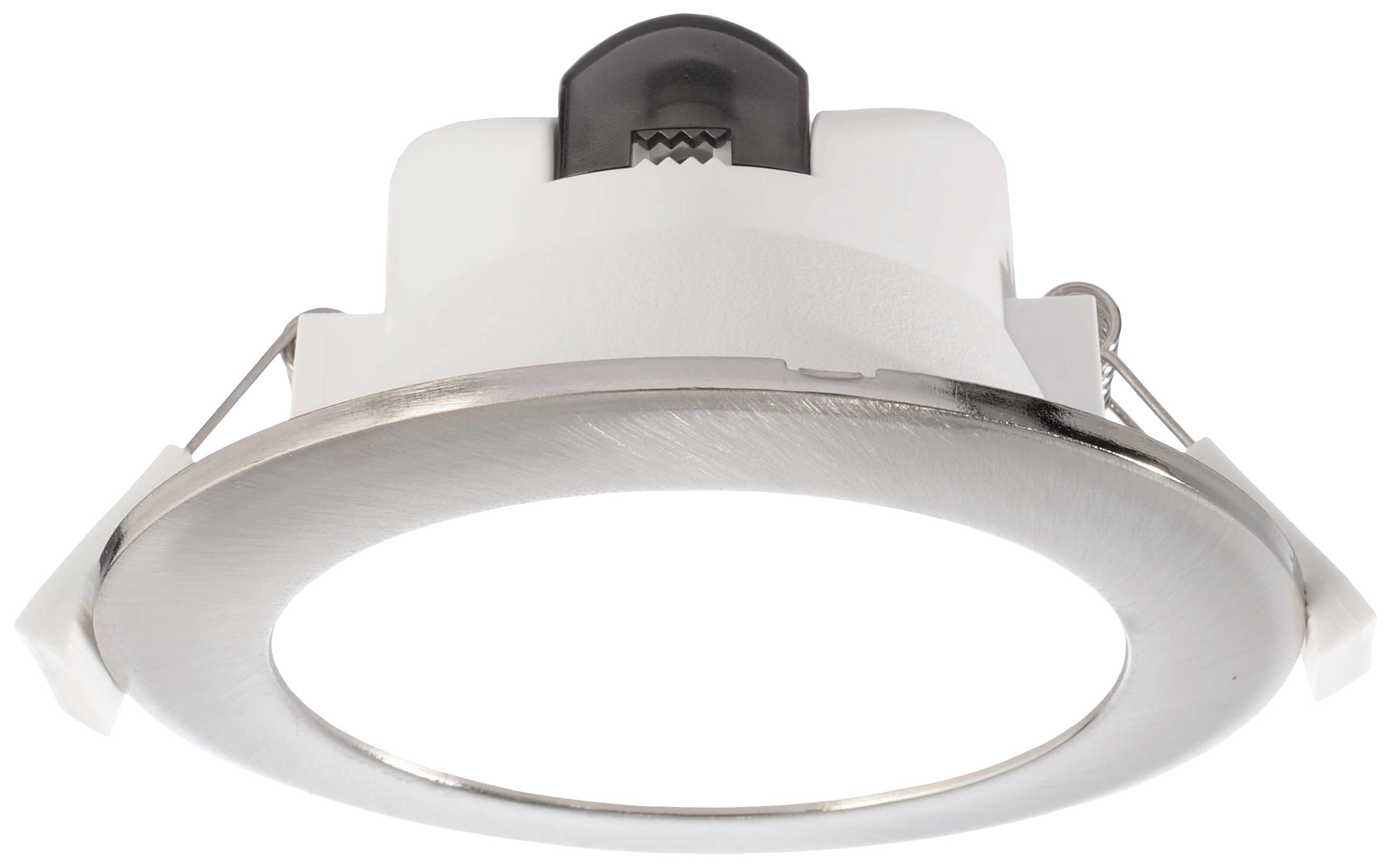 A round LED recessed spotlight in white and silver, suitable for ceiling mounting.