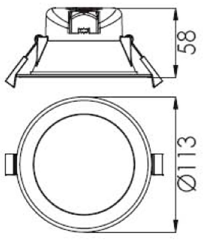 Technical drawing of a round recessed light fitting with dimensions: diameter 113 mm, height 58 mm.