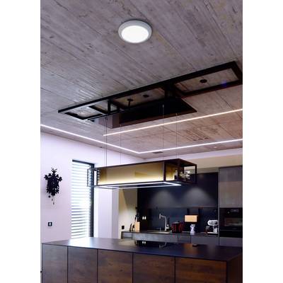 Modern kitchen with a suspended, rectangular glass and metal extractor hood above a cooking island. Ceiling with wooden panelling.