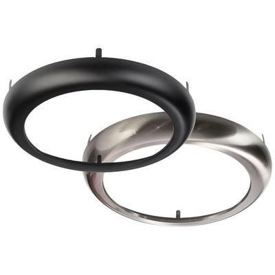 Two round frame rings, one black, the other silver, arranged one above the other and depicted as floating.