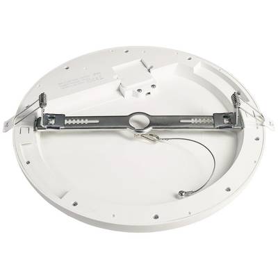 A white, round LED ceiling light with mounting bracket and spring system, ready for installation in a ceiling.