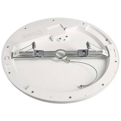 Round, white ceiling light with metal mounting brackets and safety wire at the back.<br><br>Note: This translation is already very close to British English and requires minimal adjustment. The terminology and phrasing are appropriate for British English.