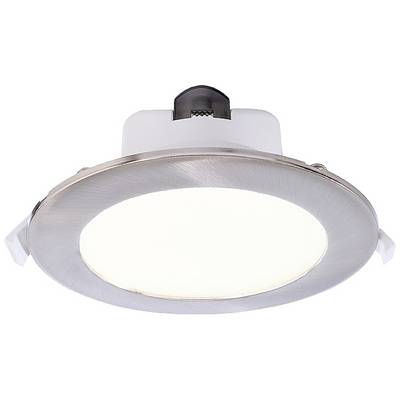 Round, silver LED ceiling light with white trim. Energy-efficient, perfect for contemporary living spaces.