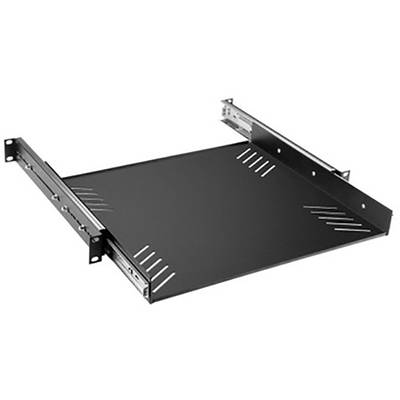 A retractable black shelf with ventilation slots for server racks, designed for installation in an IT cabinet system.