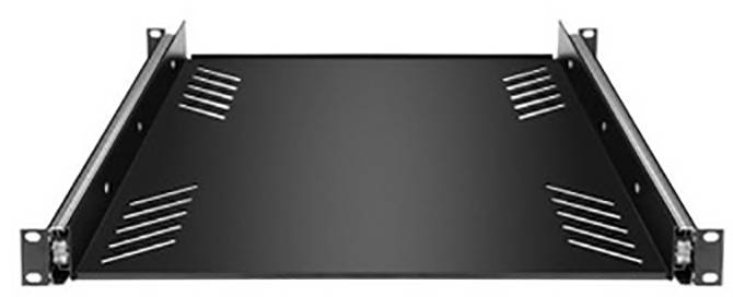 A black metal shelf for mounting in a server cabinet. It has ventilation slots on the sides for improved air circulation.