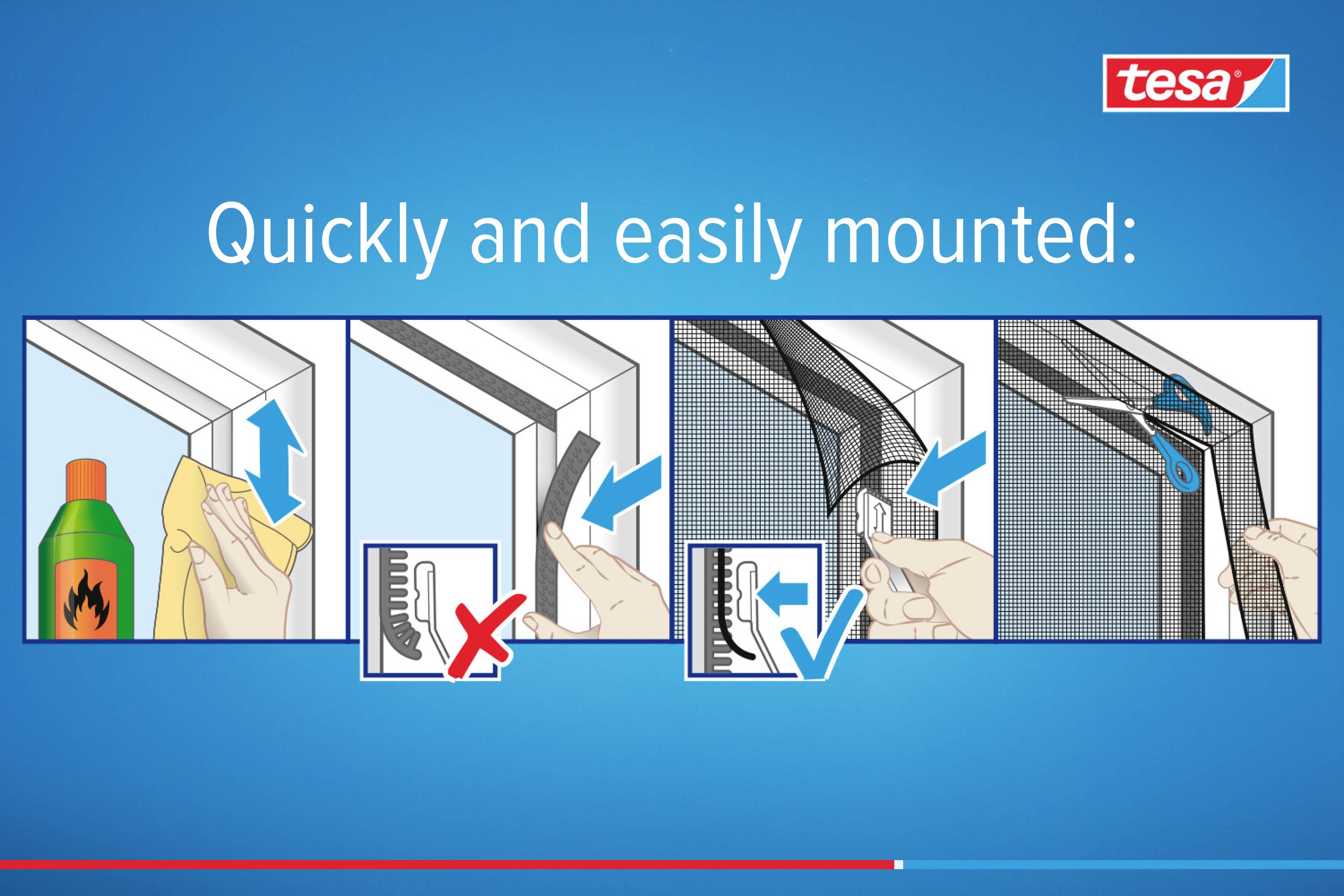 'Four steps to installation: Clean window frame, attach hook and loop tape, secure fly screen, trim excess mesh.'
