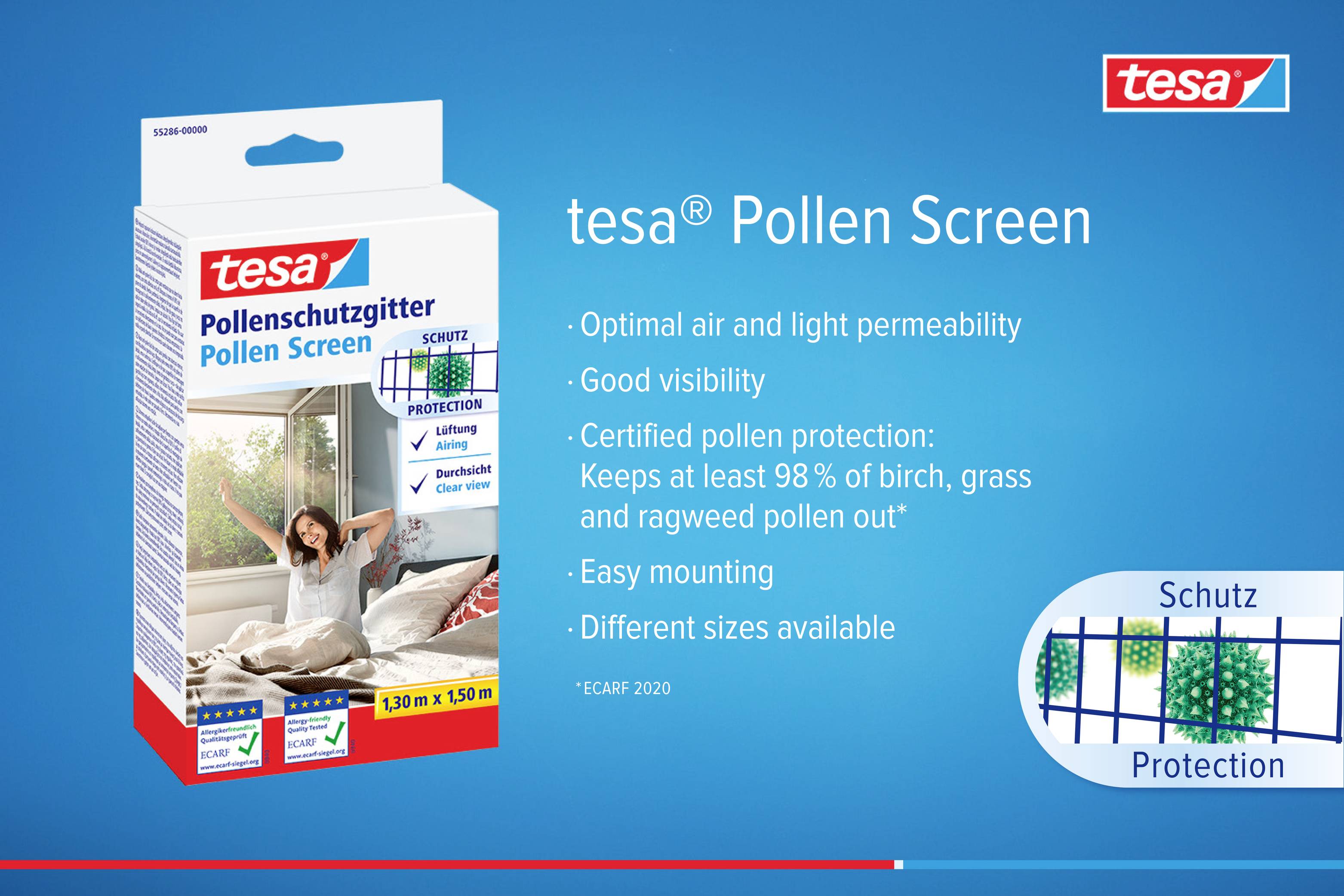 'tesa Pollen Protection Grid' Packaging with Text: 'Optimal air and light permeability, good visibility, certified pollen protection, easy installation'.