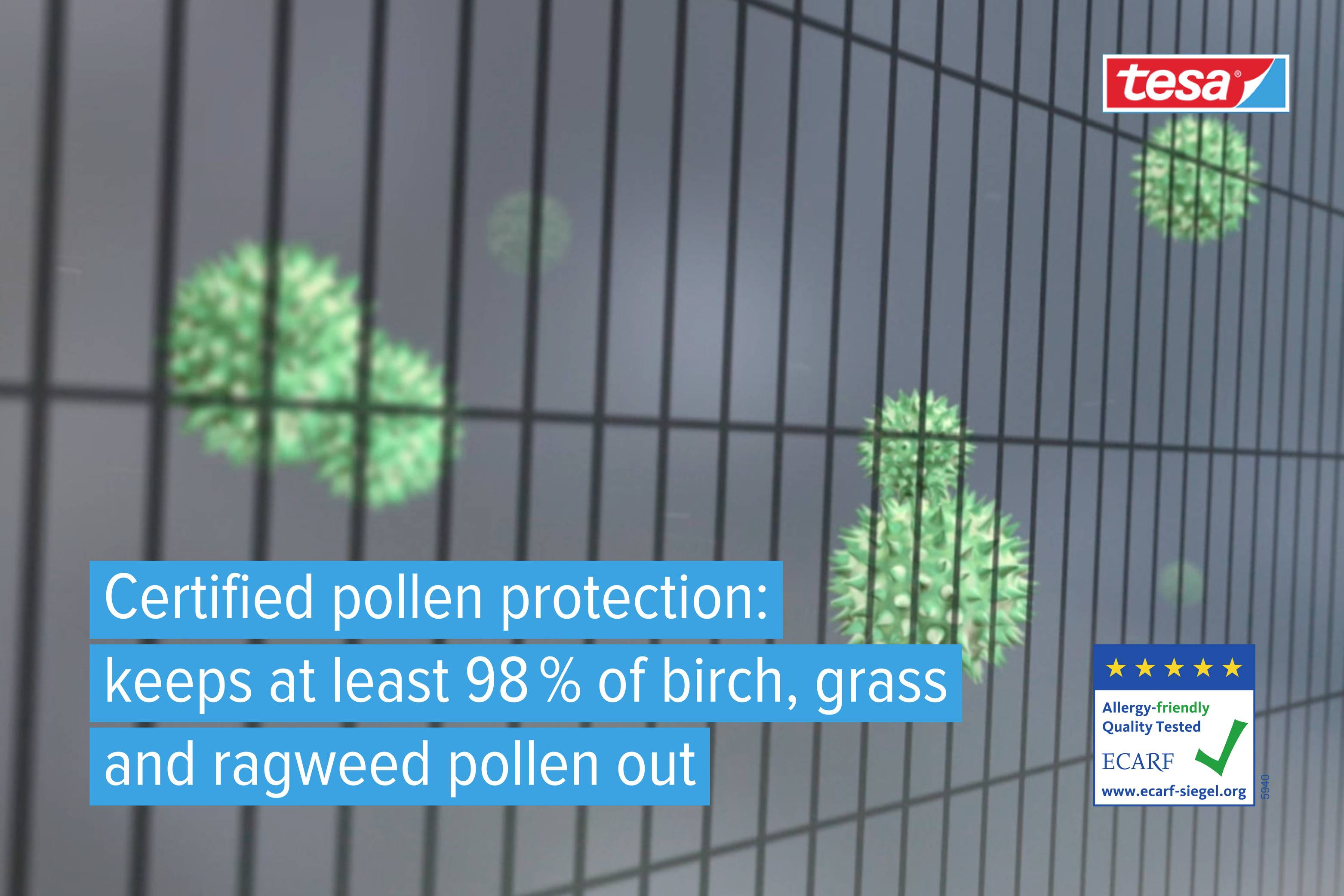 'Certified Pollen Protection: Blocks at least 98% of Birch, Grass and Ragweed Pollen.' Green filter in the background, ECARF seal in the top right corner.