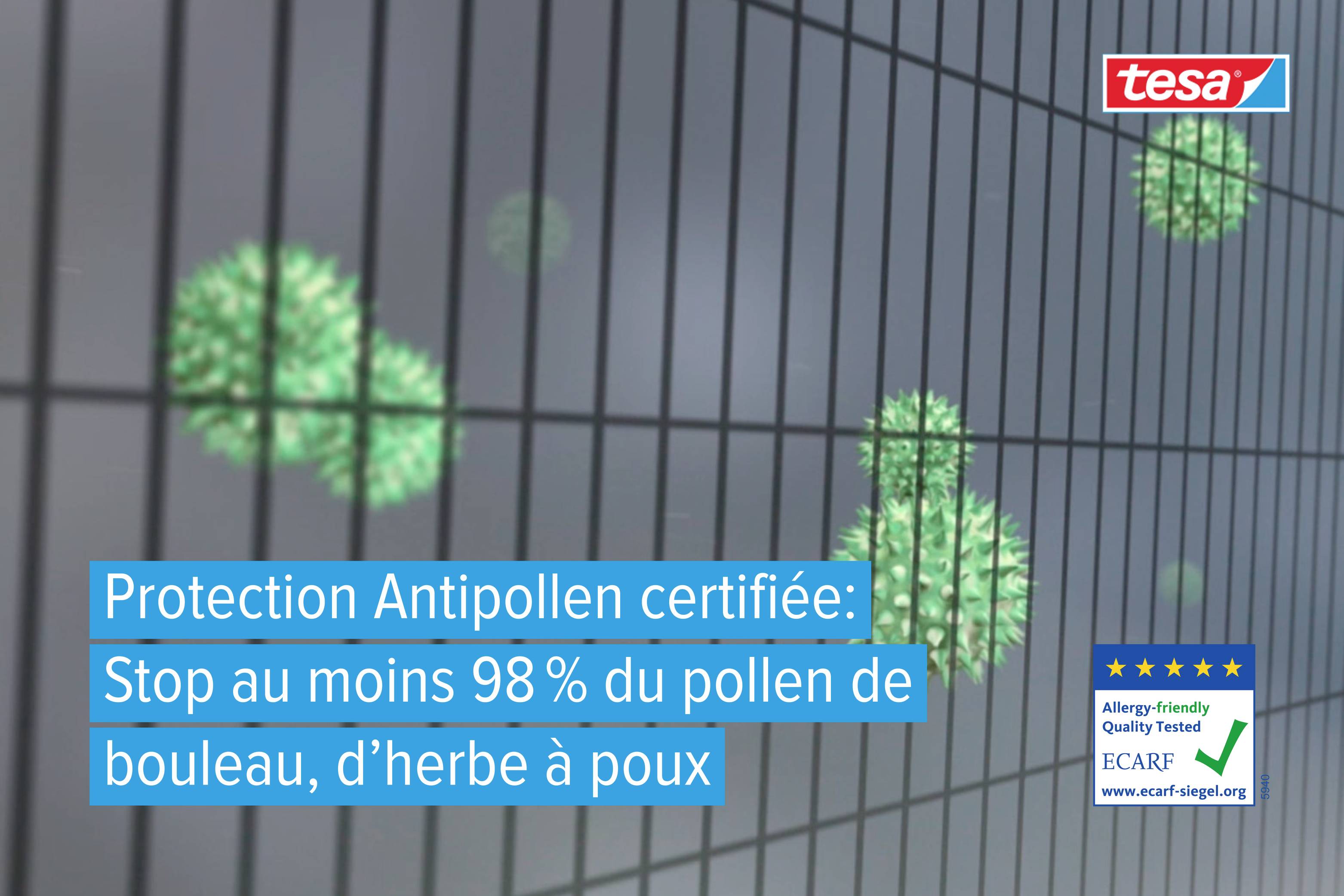 Net with greenish pollen on it, shows pollen protection with certification, stops 98% of birch and grass pollen.