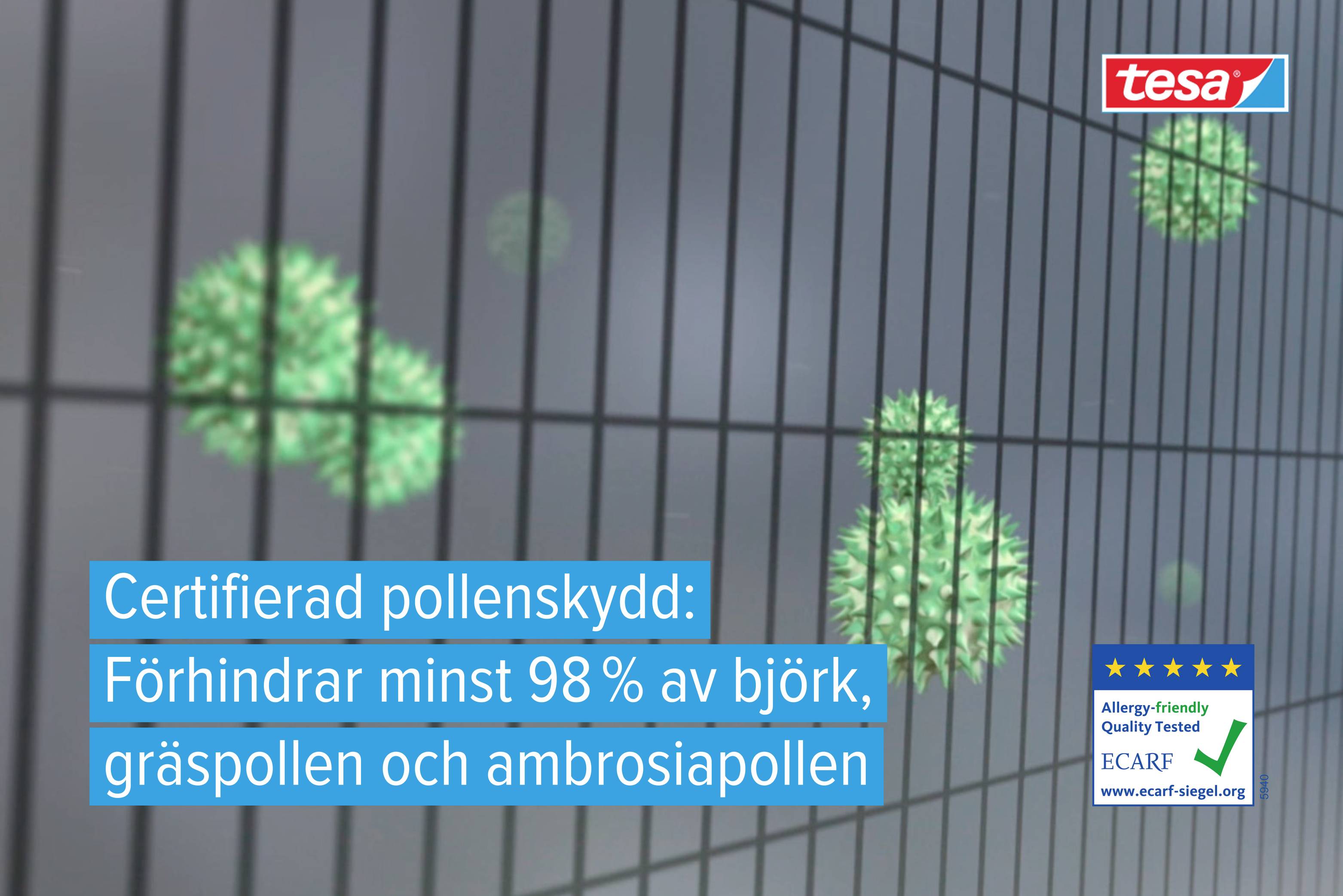 Green pollen net with text 'Certified Pollen Protection: Prevents at least 98% of birch, grass, and ragweed pollen'.