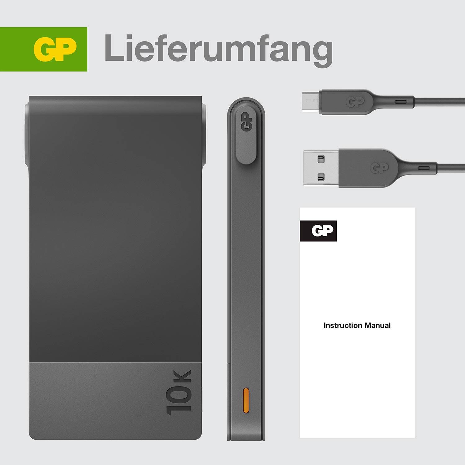 'Charger with 10,000 mAh capacity, USB-C cable, USB-A cable and user manual.'