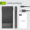 'Charger with 10,000 mAh capacity, USB-C cable, USB-A cable and user manual.'