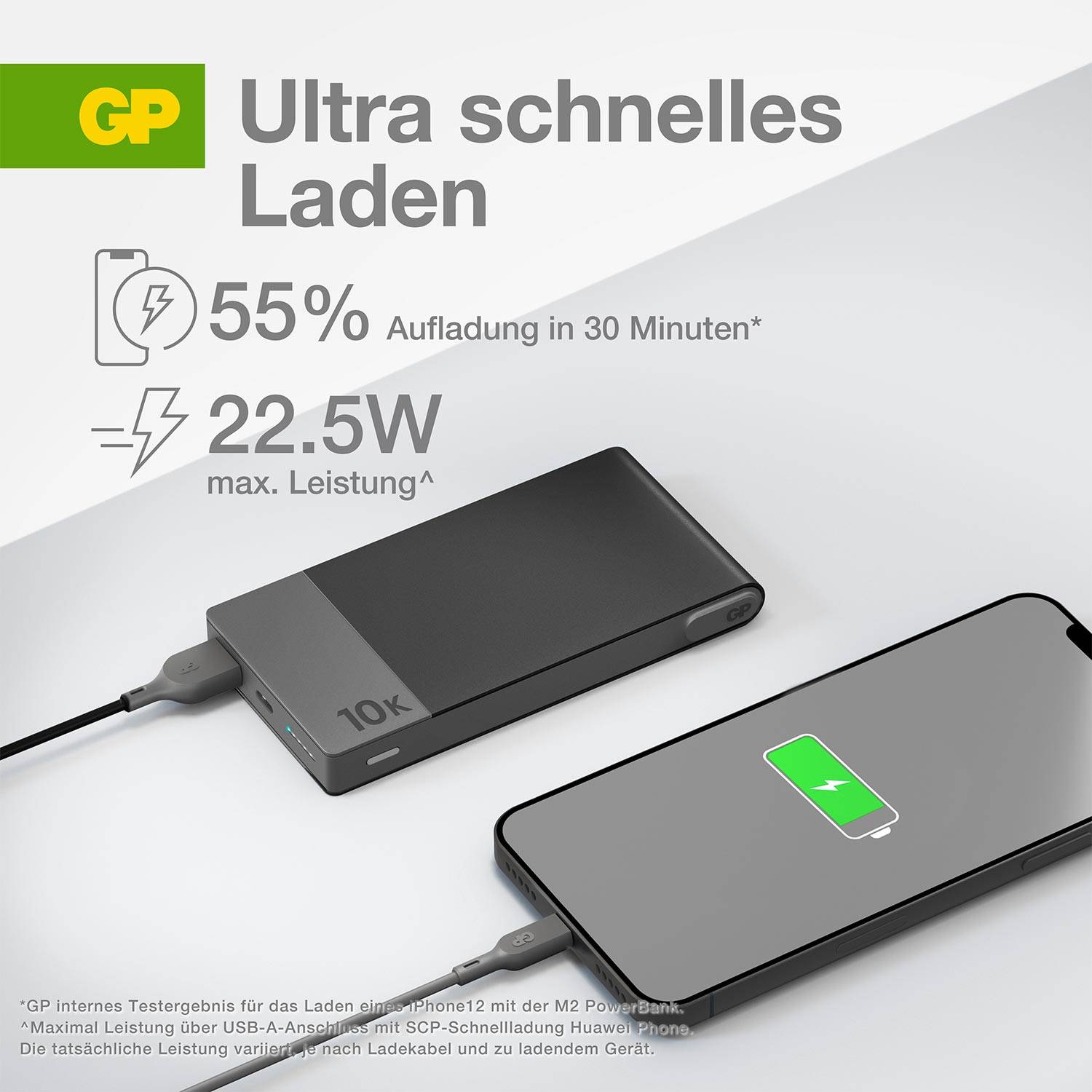 'Ultra-fast charging' with power bank: 55% charge in 30 minutes at 22.5W. Image shows power bank next to charger with fully charged battery.