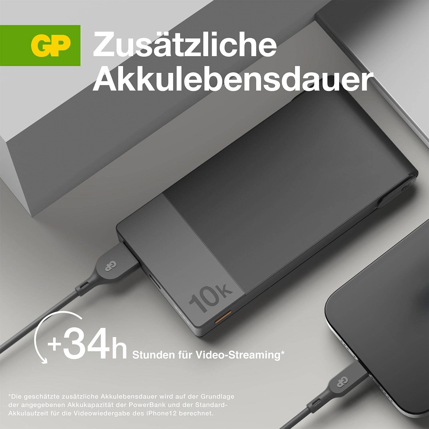 A power bank next to a smartphone shows 'Additional Battery Life' and '+34 Hours for Video Streaming'.