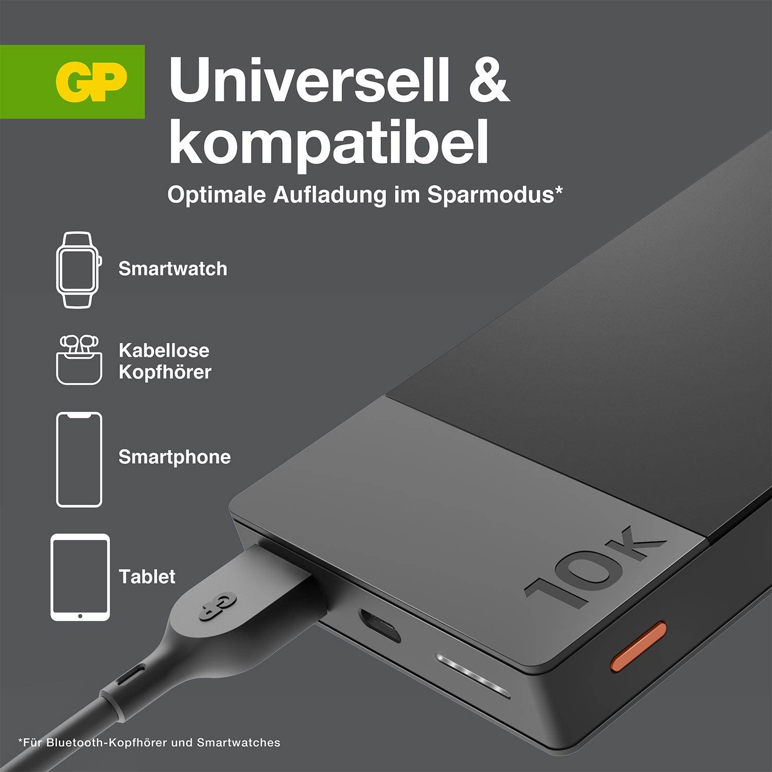 The image shows a black power bank with the inscription '10K'. On the left are icons for a smartwatch, wireless headphones, smartphone, and tablet. Text: 'Universal & compatible – Optimal charging in economy mode*'.