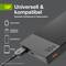 The image shows a black power bank with the inscription '10K'. On the left are icons for a smartwatch, wireless headphones, smartphone, and tablet. Text: 'Universal & compatible – Optimal charging in economy mode*'.