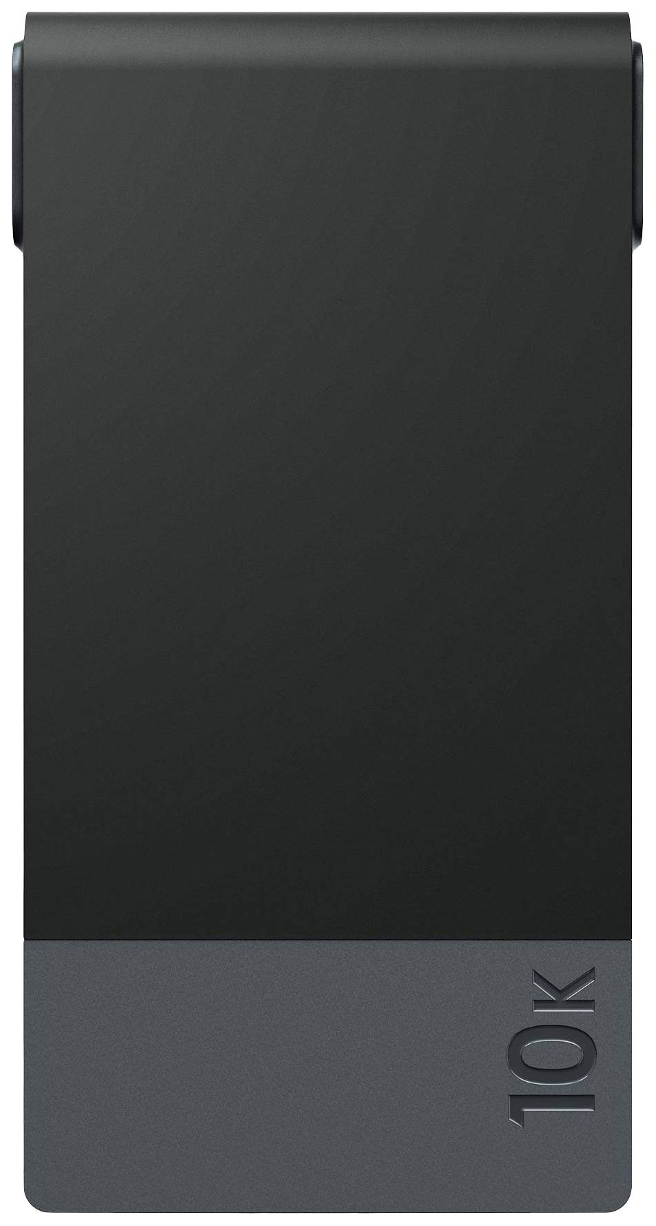 A black power bank with '10K' written on the lower edge, potentially indicating a 10,000 mAh capacity.