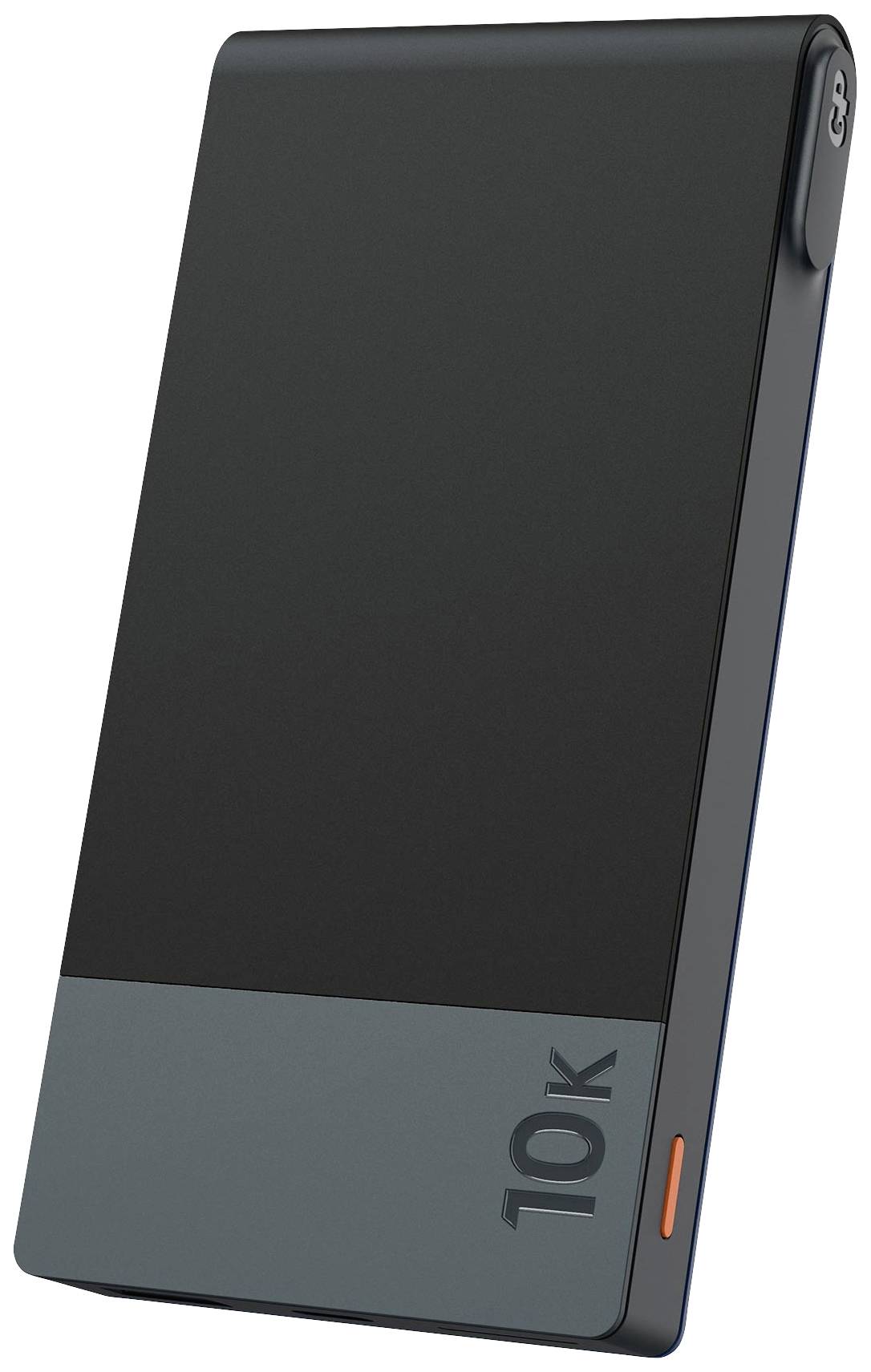 A sleek, dark power bank with '10k' printed on it, an orange button, and rounded corners.