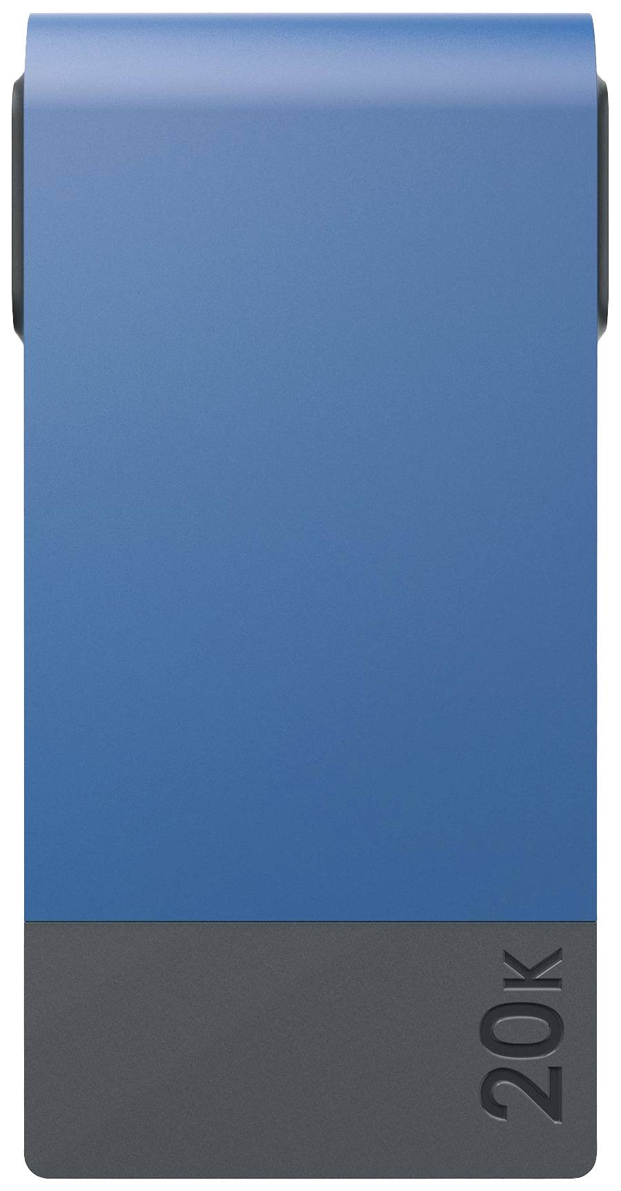 A blue and grey portable power bank with the inscription '20K', indicating a capacity of 20,000 mAh.